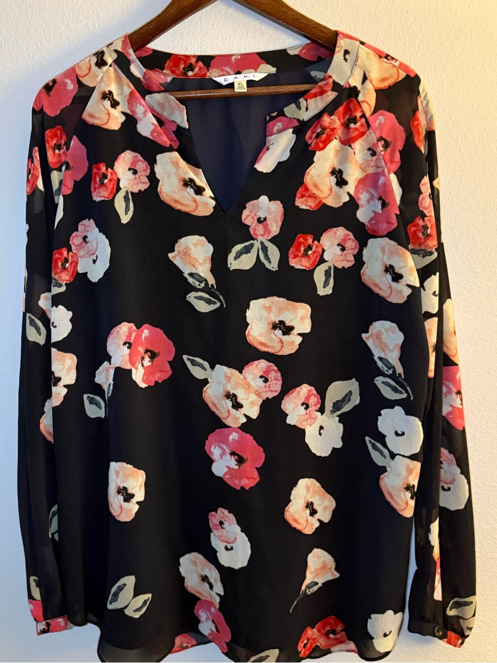 CAbi Black Floral V-Neck Long Sleeve Blouse - Pink Cream